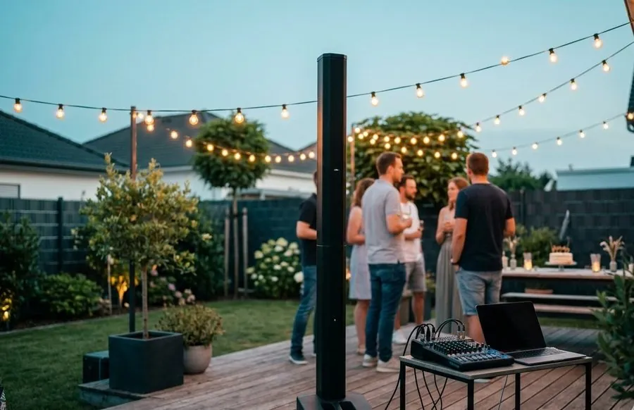 Gartenparty in der Abenddämmerung mit Lichterketten und Tonanlage