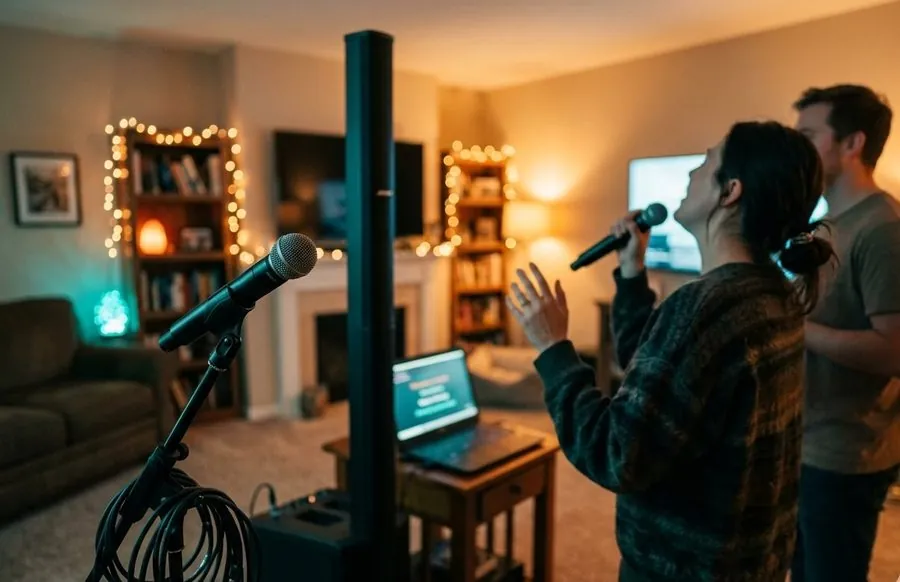 Karaoke-Abend mit Mikrofon und Säulen-PA im Wohnzimmer